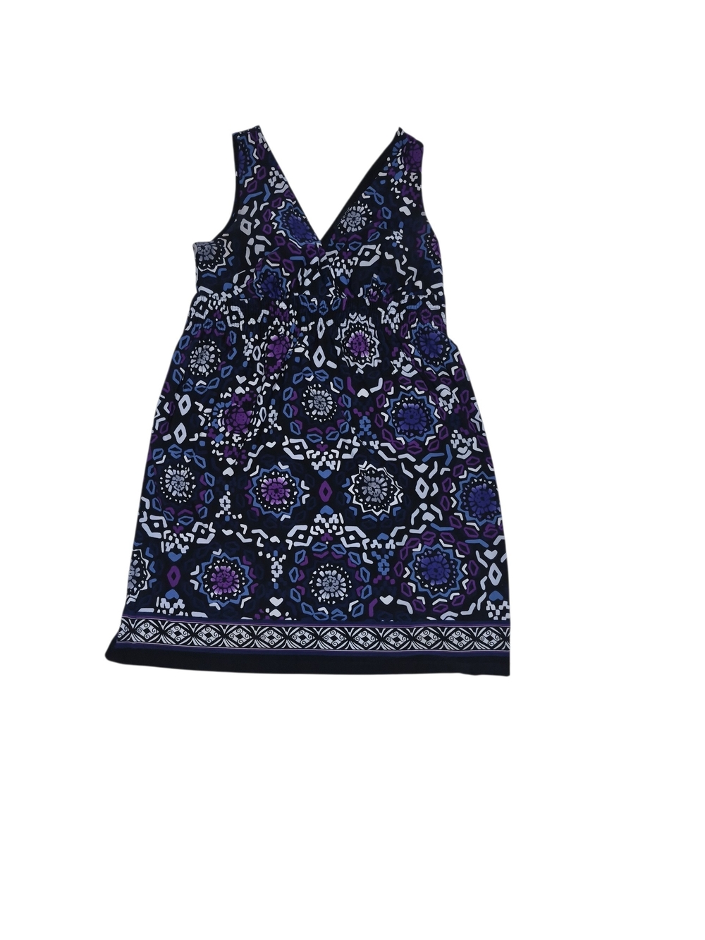 Enfocus Studio Sleeveless V-Neck Midi Dress in Black and Purple Medallion Print